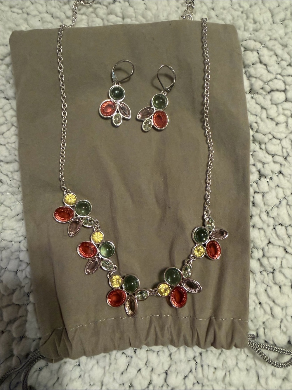 Multi-Color Gemstone Drop Necklace & Earring Set - Silver Tone